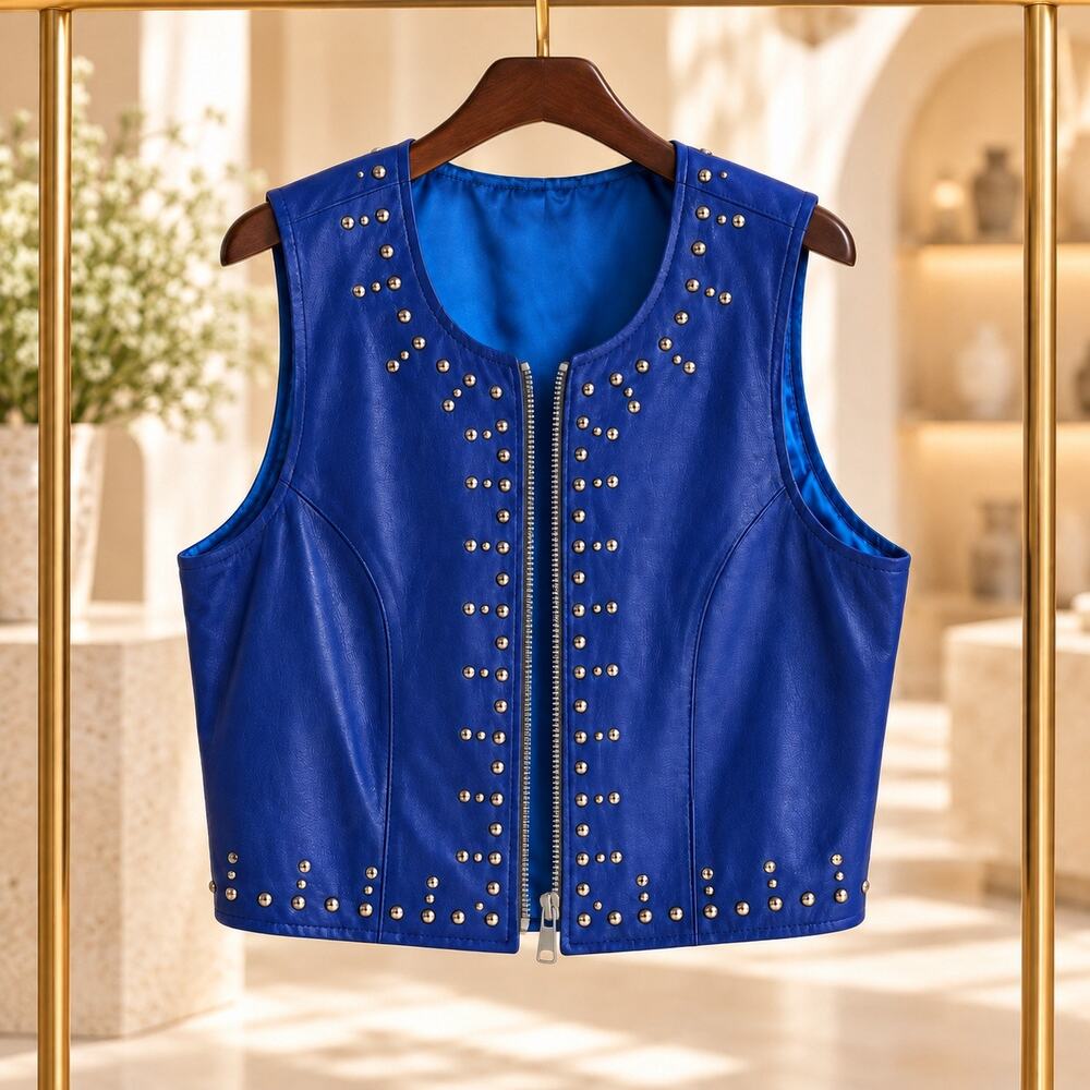 Vintage Valencia Studded Blue Leather Vest L Western Biker Rockabilly USA Fun